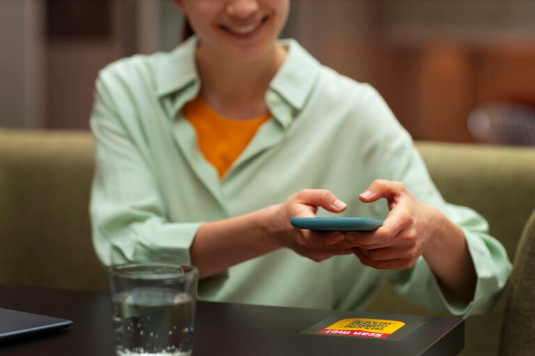 front view woman reading menu restaurant